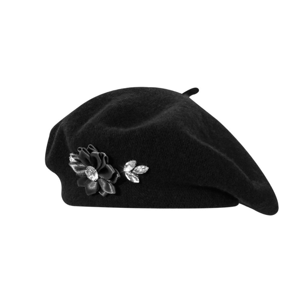 Beret French Wool - Moda Düz Renk Yün Bere Kristal